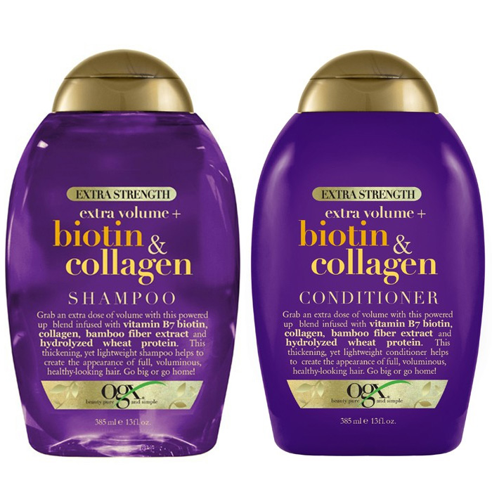 Bộ Dầu Gội Xả Biotin Collagen OGX Extra Volume Shampoo Mọc Tóc của Mỹ - Trị trụng tóc, hói đầu 2x385ml
